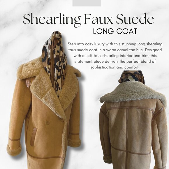 Shearling Faux Suede Long Coat – Camel Tan - Picture 1 of 2
